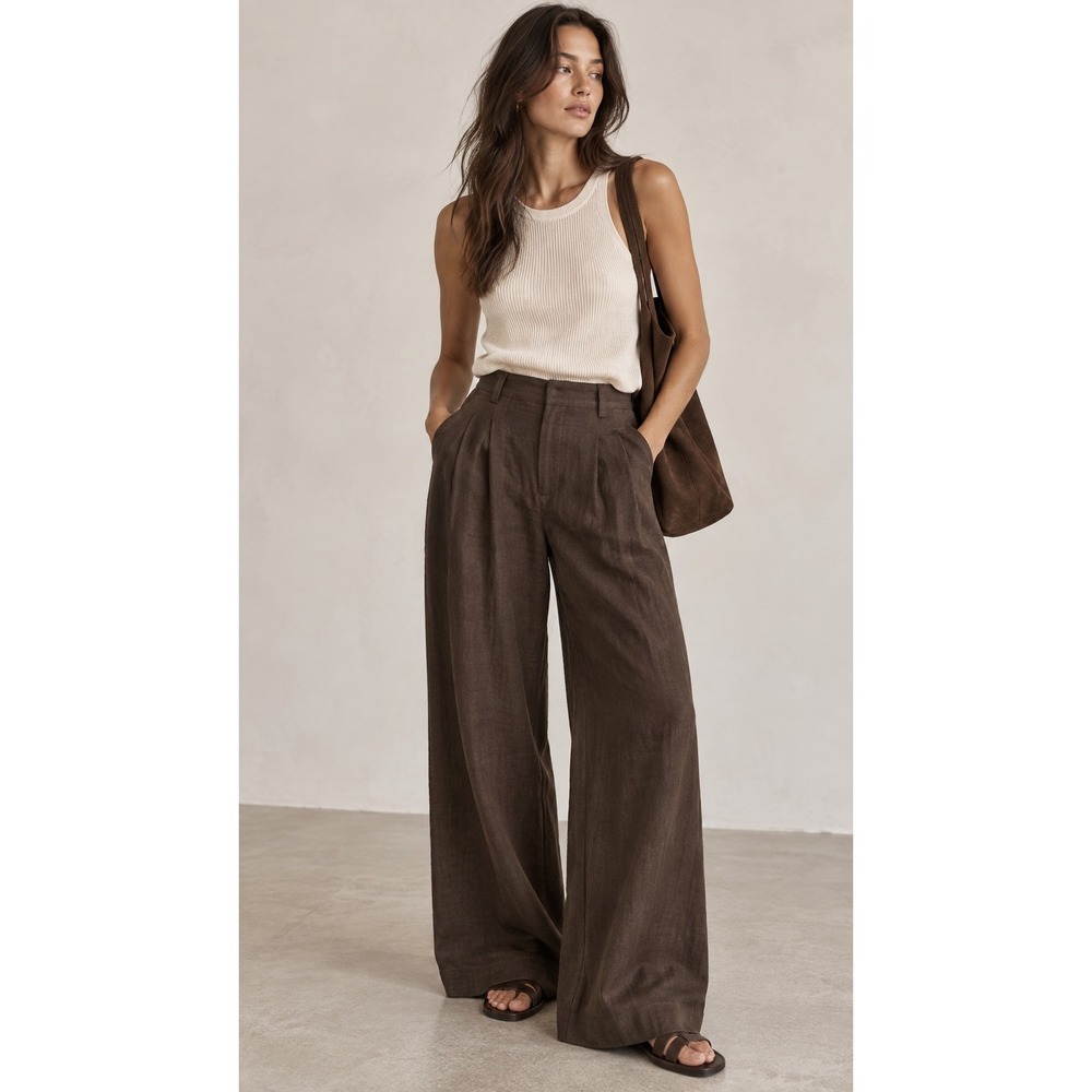 DISSH Holden Bitter Choc Linen Pant Brown Wide Leg Pleated Trousers 6 NEW Lined